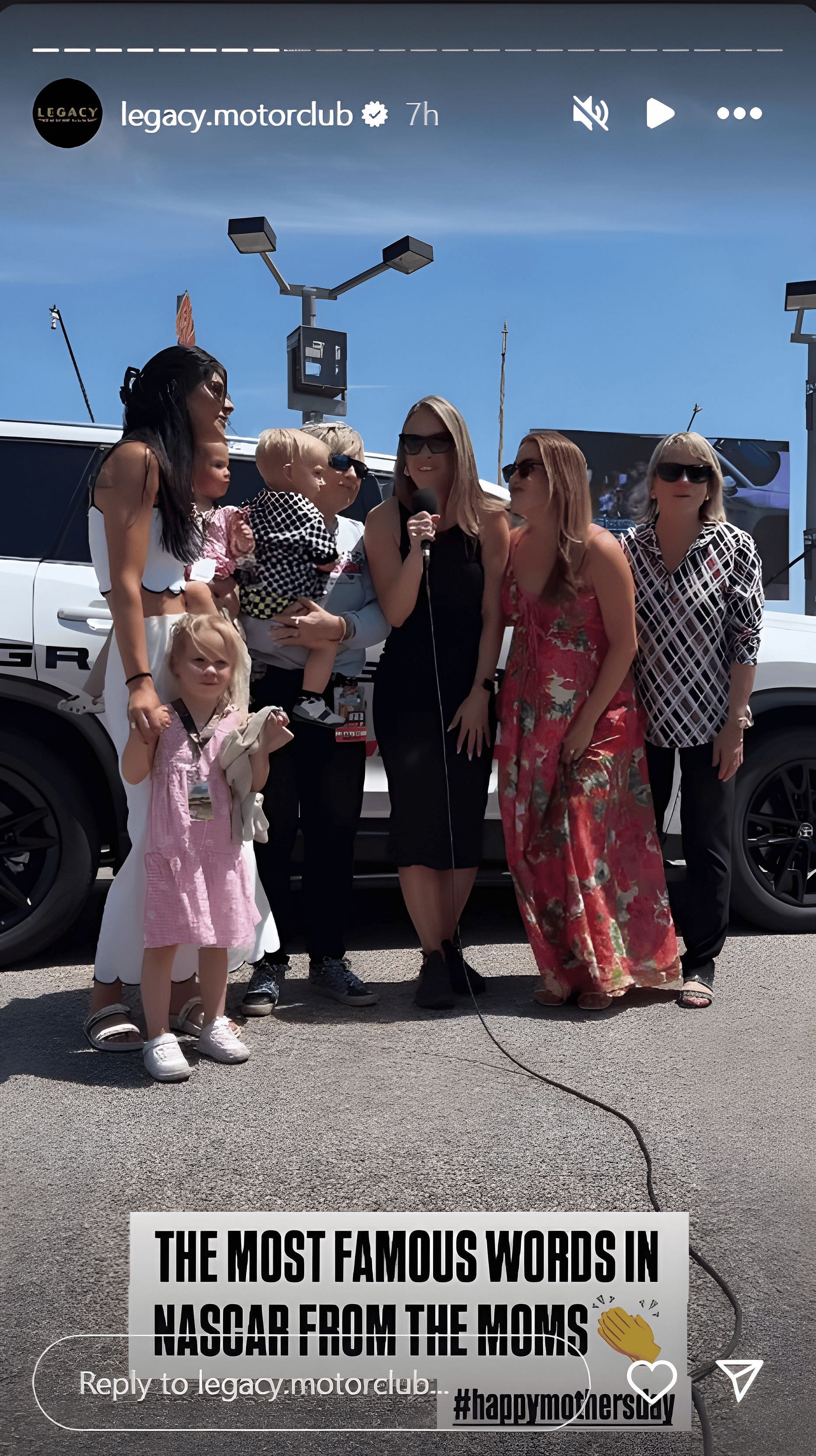 Story by Legacy Motor Club on Instagram, featuring Denny Hamlin's fiance Jordan Fish who is pregnant with their third child, and other mothers, delivering the NASCAR pre race start command. Source: via Instagram, @legacy.motorclub